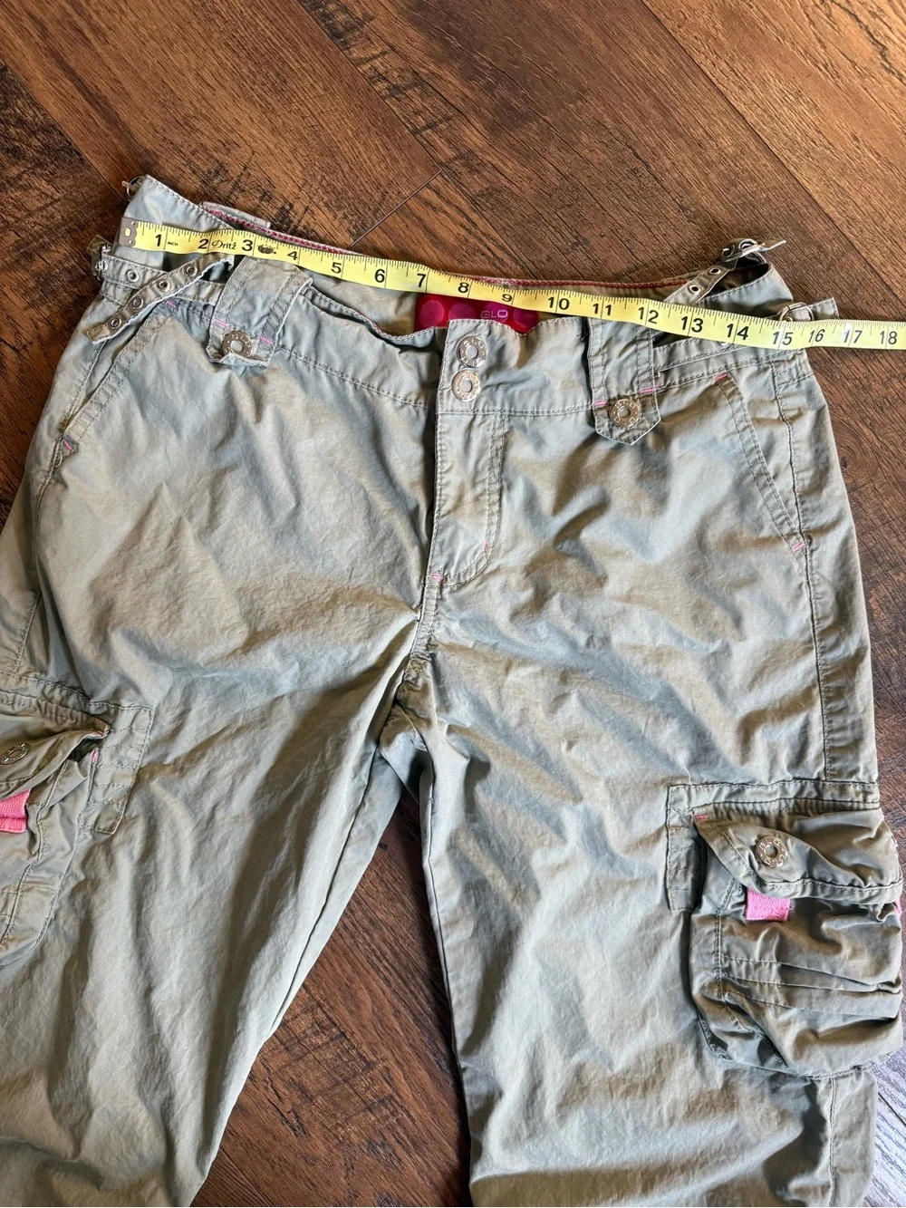 Y2K GLO jeans Sage Green Cargo Capris with Pink Accents And Silver Hardware